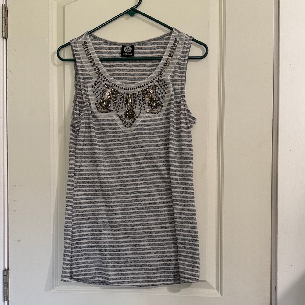 bobeau Gray & White Striped Beaded Scoop Neck Tank. Size XL
